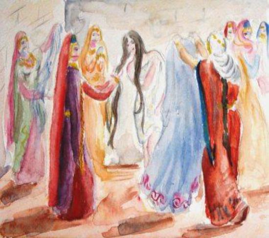 9. К венчанию невеста должна была предстать в одеянии, которое приготовила для нее сторона жениха. Дома, в присутствии женщин &mdash; родственниц жениха и двух подруг невесты, &mdash; под руководством посаженой матери невесту раздевали догола, затем наряжали в новые одежды.