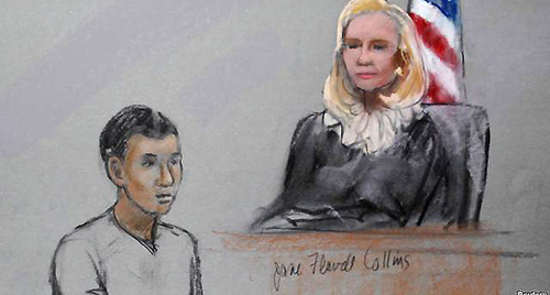 Гражданин Казахстана Азамат Тажаяков в суде в Бостоне. Рисунок из зала суда. http://rus.azattyq.org/content/azamat-tazhayakov-sud-boston-tsarnayev-kadyrbayev/25465237.html