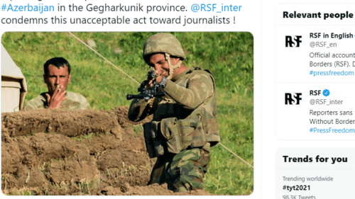 Скриншот публикации "Репортеров без границ" об инциденте на армяно-азербайджанской границе 15 июня 2021 года, https://twitter.com/RSF_en/status/1407747497863307266 Скриншот публикации "Репортеров без границ" об инциденте на армяно-азербайджанской границе 15 июня 2021 года, https://twitter.com/RSF_en/status/1407747497863307266