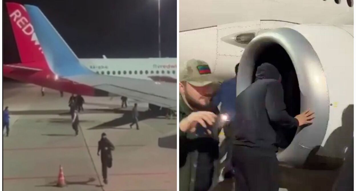 Протестующие на взлетно-посадочной полосе в аэропорту Махачкалы. Нападавшие осматривают турбину самолета. Коллаж “Кавказского узла”. Фото: стоп-кадр видео https://t.me/rusnews/43379, https://t.me/bazabazon/22578
