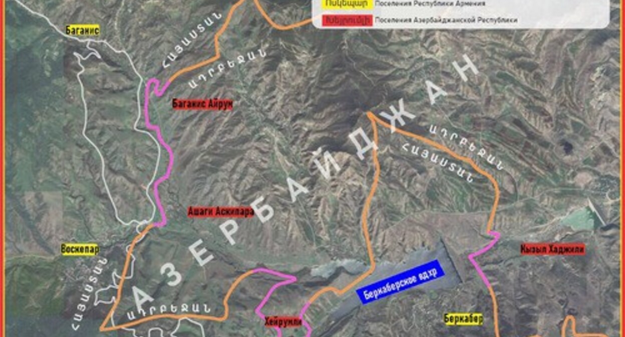 Официальная" карта сдачи территорий. Сиреневым отмечены границы, уточняемые сейчас, оранжевым - советские границы. Белая линия - дорога, ведущая в Грузию. Фото  https://www.caucasianknot.net/blogs/83781/posts/62232
© Кавказский Узел