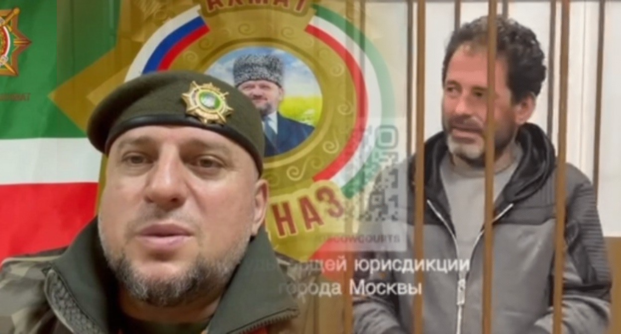 Апти Алаудинов (слева) и Денис Шапиро. Коллаж Кавказского Узла. Фото: Кадр видео из телеграм-канала Апти Алаудинова https://t.me/AptiAlaudinovAKHMAT/5739 и Стоп-кадр видео Telegram-канала "Суды общей юрисдикции города Москвы" от 08.10.24, https://t.me/moscowcourts/4921

