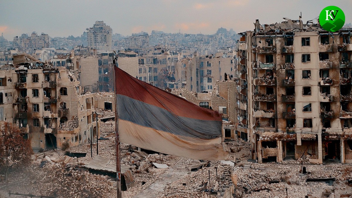 Флаг Армении на фоне разрушенного города. Иллюстрация создана «Кавказским узлом» с помощью ИИ в программе Photoshop
