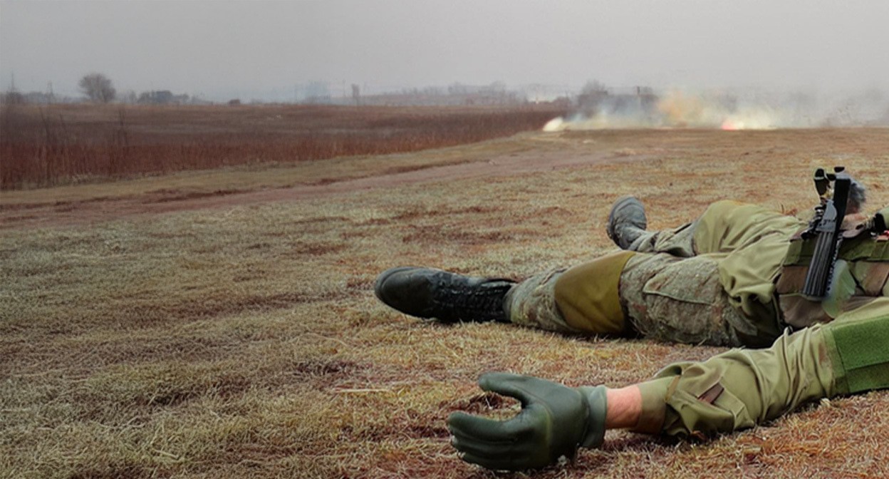 Военный на поле. Иллюстрация создана «Кавказским узлом» с помощью ИИ в программе Photoshop


