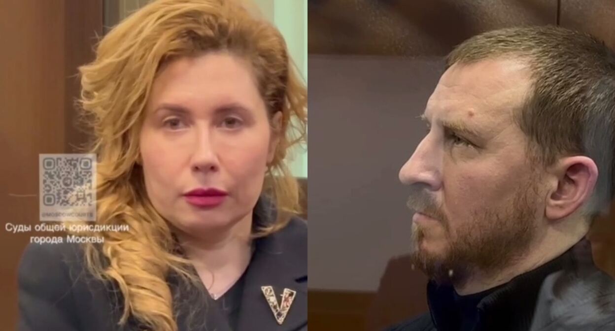 Янина и Алексей Копайгородские. Коллаж "Кавказского узла". Стоп-кадры видео судов общей юрисдикции города Москвы от 12.02.25, https://t.me/moscowcourts/5870, https://t.me/moscowcourts/5872.