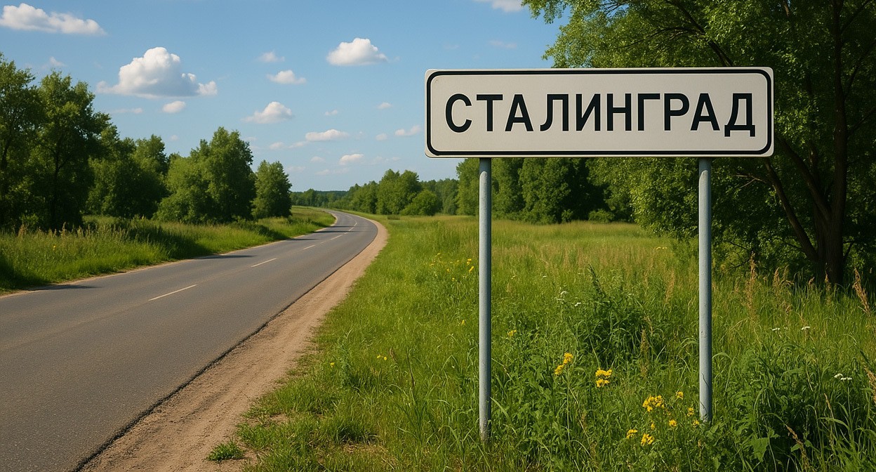 Дорожный знак Сталинград. Иллюстрация создана "Кавказским узлом" с помощью ИИ в программе Copilot