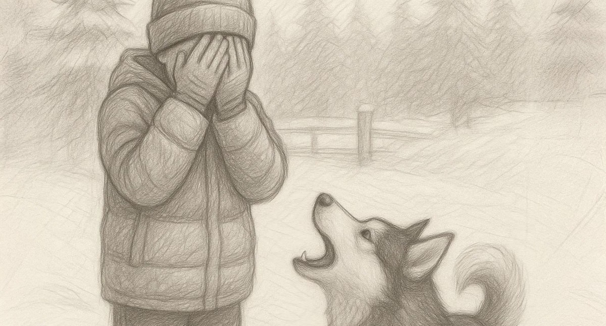 Хаски лает на мальчика. Иллюстрация создана «Кавказским узлом» с помощью ИИ в программе Copilot