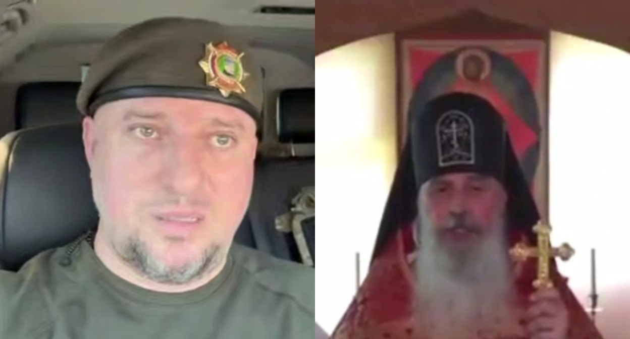Апти Алаудинов (слева) и схиигумен Гавриил. Коллаж "Кавказского узла". Стоп-кадр видео Апти Алаудинова от 07.06.25 https://t.me/AptiAlaudinovAKHMAT/11247 и телеграм-канала "Осторожно, новости" от 30.05.25, https://t.me/ostorozhno_novosti/37195
