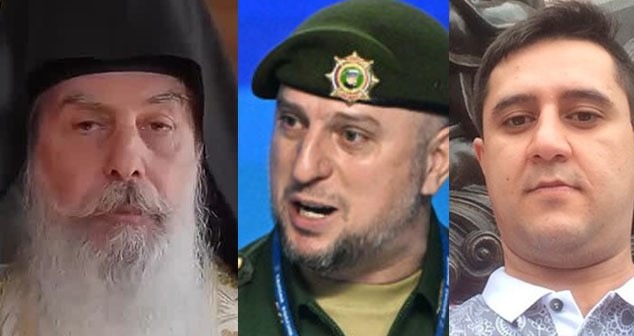 Схиигумен Гавриил, Апти Алаудинов, Арег Щепихин (слева направо). Коллаж "Кавказского узла". Фото: https://grozny.tv/news/army/65926, личная страница Арега Щепихин вКонтакте, скриншот видео проповеди схиигумена Гавриила