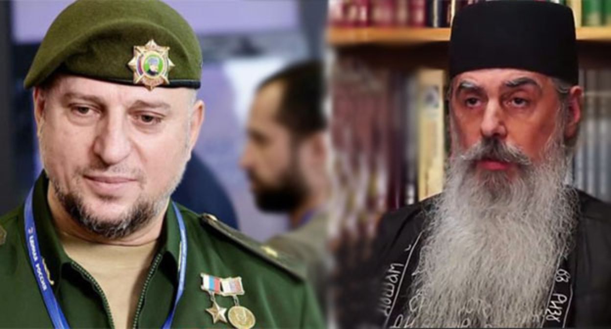 Апти Алаудинов (слева) и сиигумен Гавриил. Коллаж "Кавказского узла". Фото: "Грозный Информ" https://www.grozny-inform.ru/ https://t.me/igumenN/1077