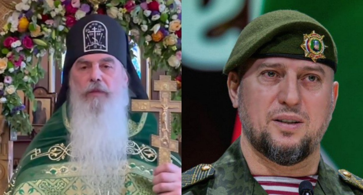 Схиигумен Гавриил и Апти Алаудинов. Коллаж "Кавказского узла". ТГ-каналы Апти Алаудинова https://t.me/AptiAlaudinovAKHMAT/11368 и стоп-кадр видео "Проповеди схиигумена Гавриила" https://t.me/igumenN/1083 от 12.06.25