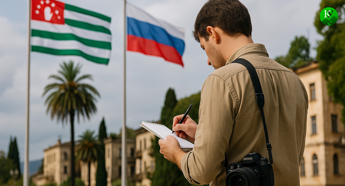 Журналист в Абхазии. Иллюстрация создана «Кавказским узлом» с помощью ИИ в программе Copilot