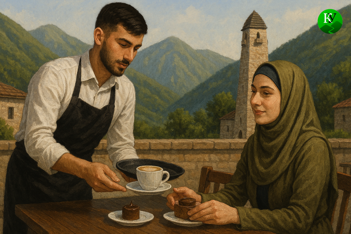 Официант обслуживает посетительницу кафе. Изображение создано "Кавказским узлом" при помощи ИИ в программе Copilot