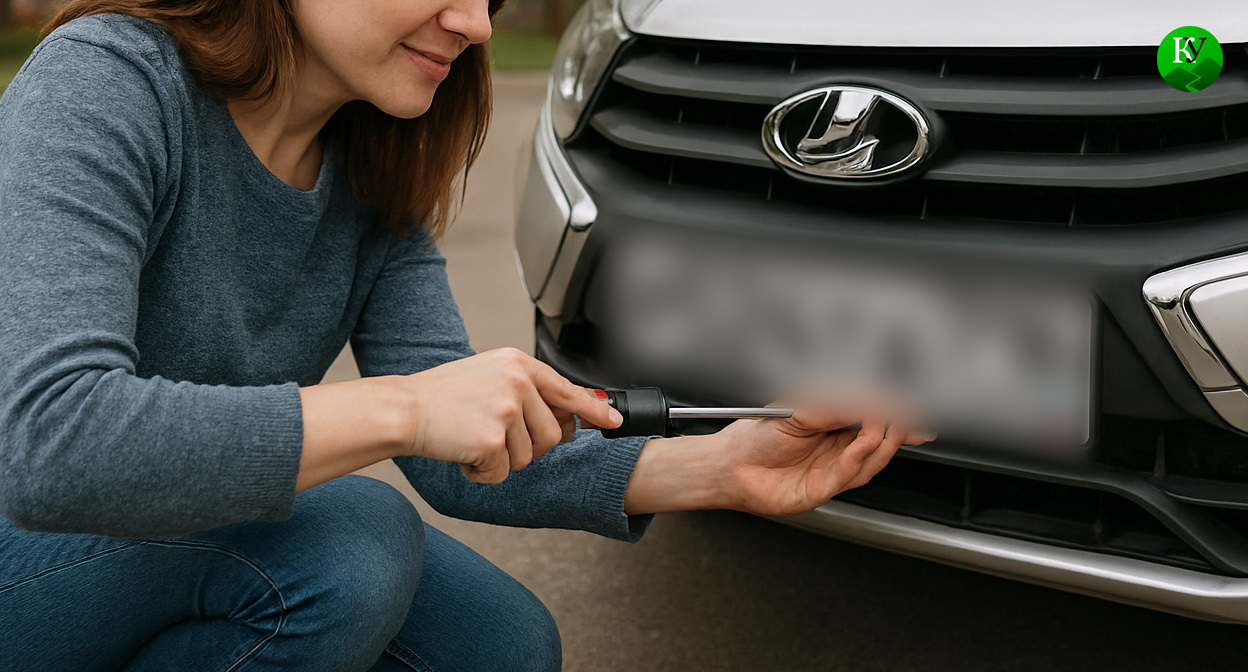 Женщина устанавливает госномер с символикой экстремистской организации. Иллюстрация создана "Кавказским узлом" с помощью ИИ в программе Copilot