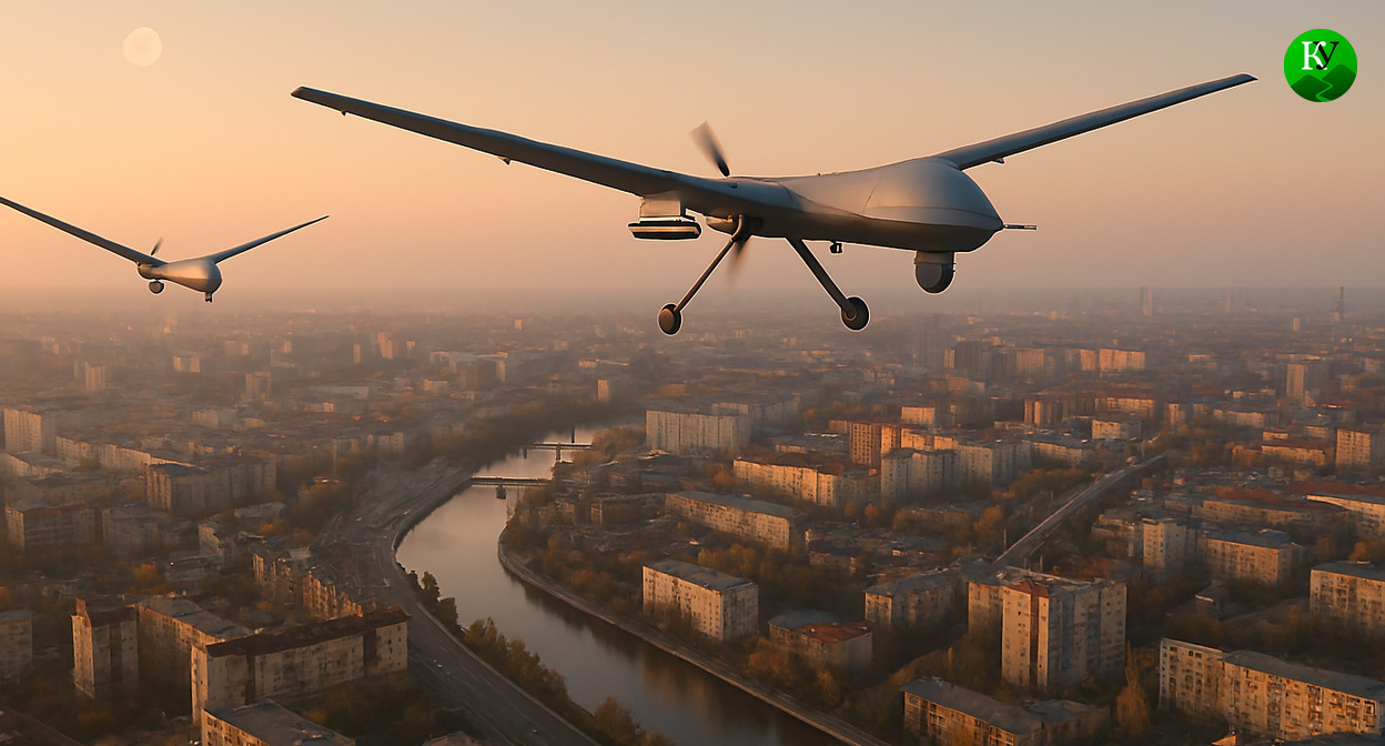БПЛА на городом. Иллюстрация создана «Кавказским узлом» с помощью ИИ в программе Copilot
