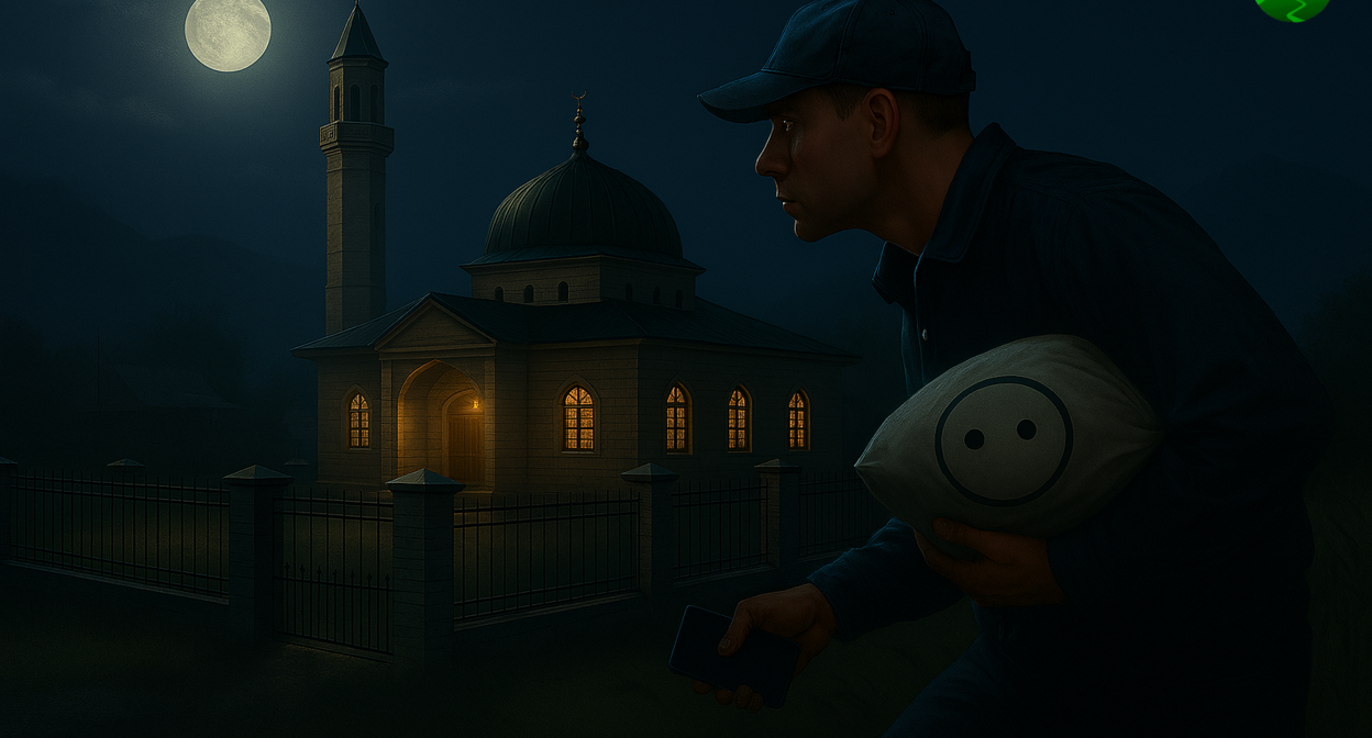 Злоумышленник у мечети. Иллюстрация создана "Кавказским узлом" с помощью ИИ в программе Copilot.