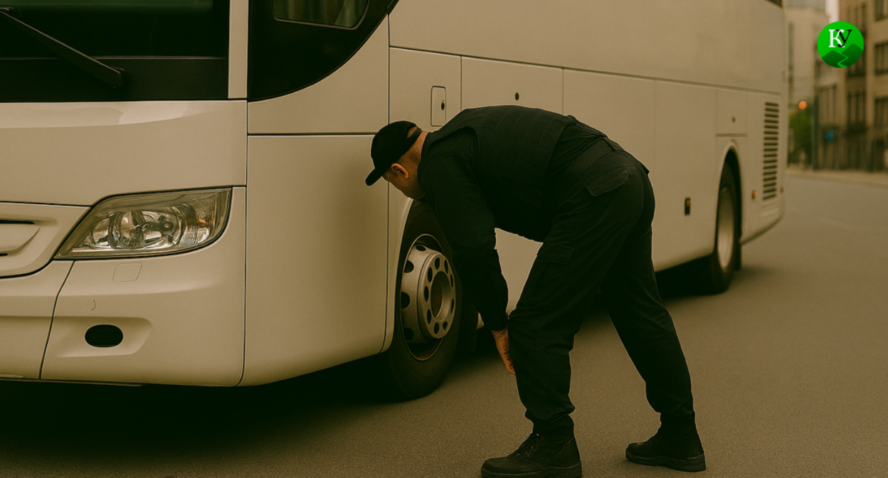 Силовик осматривает автобус. Изображение создано "Кавказским узлом" при помощи ИИ в программе Copilot.