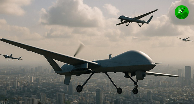 Атака БПЛА. Иллюстрация "Кавказского узла", созданная при помощи ИИ в программе Сopilot