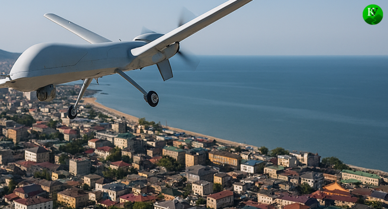 Беспилотник над Махачкалой. Изображение создано "Кавказским узлом" при помощи ИИ в программе Сopilot. 