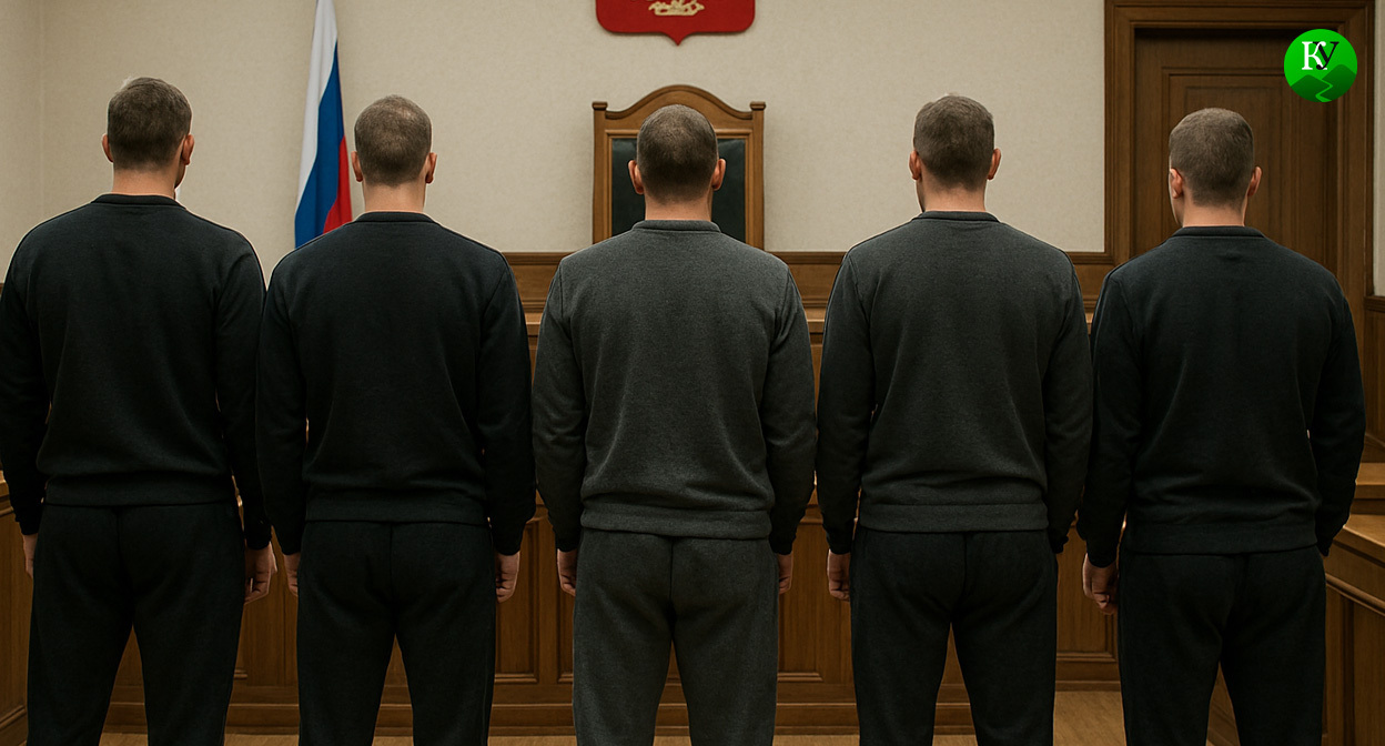 Осужденные в зале суда. Иллюстрация создана «Кавказским узлом» с помощью ИИ в программе Copilot