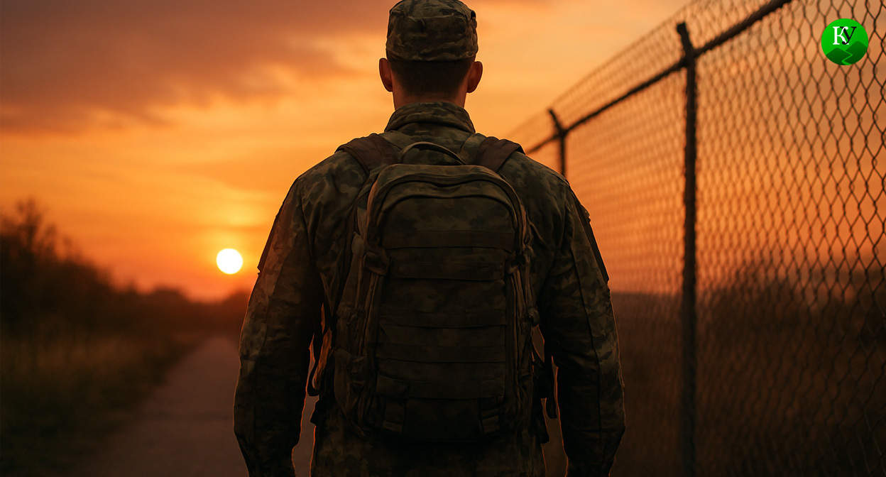 Военный покидает часть. Иллюстрация создана «Кавказским узлом» с помощью ИИ в программе Copilot