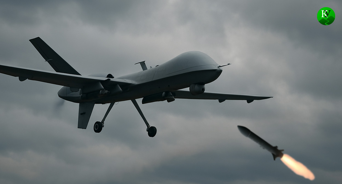 Ракета сбивает БПЛА. Иллюстрация создана «Кавказским узлом» с помощью ИИ в программе Copilot