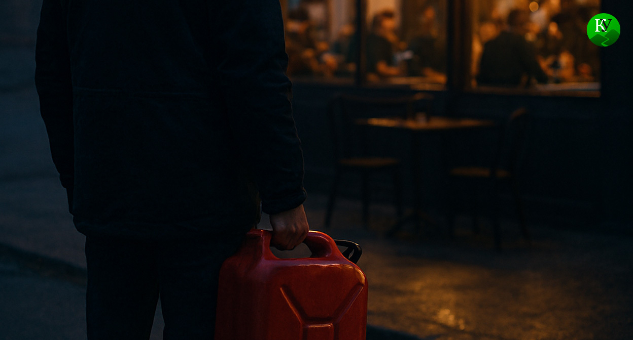 Мужчина с канистрой. Иллюстрация создана «Кавказским узлом» с помощью ИИ в программе Copilot

