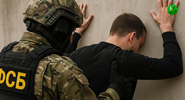 Сотрудник ФСБ задерживает мужчину. Иллюстрация "Кавказского узла" созданная ИИ при помощи программы Copilot