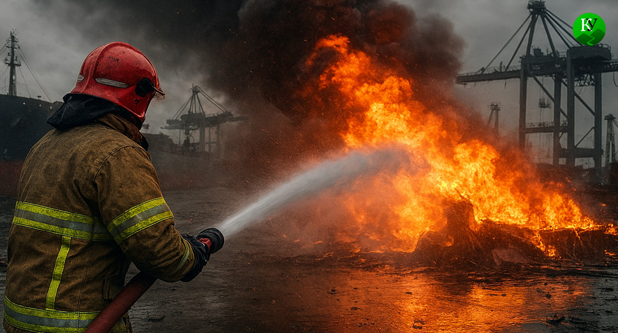 Пожар в порту. Иллюстрация создана «Кавказским узлом» с помощью ИИ в программе Copilot