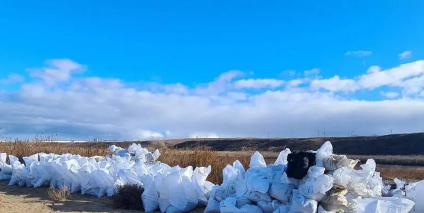 Собранные волонтерами мешки с мазутом на мысе Тузла. Скриншот фото штаба "Дельфины" от 11.12.25, https://t.me/shtab_delfin/1593
