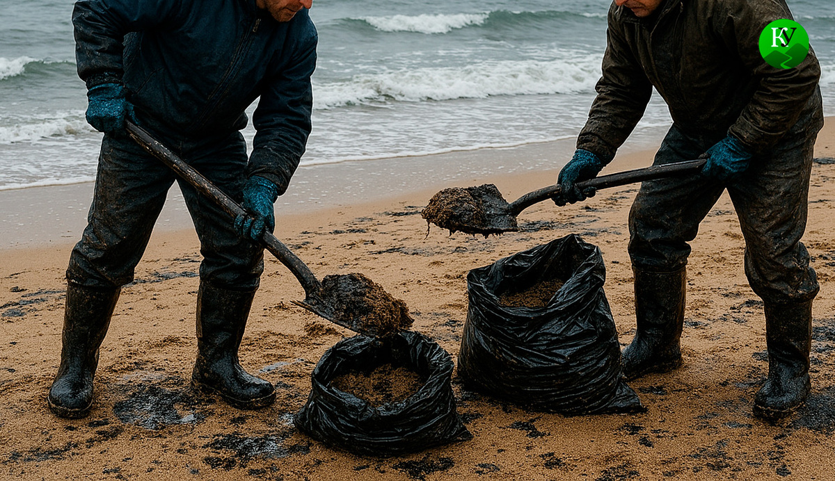 Уборка мазута. Иллюстрация создана «Кавказским узлом» с помощью ИИ в программе Copilot