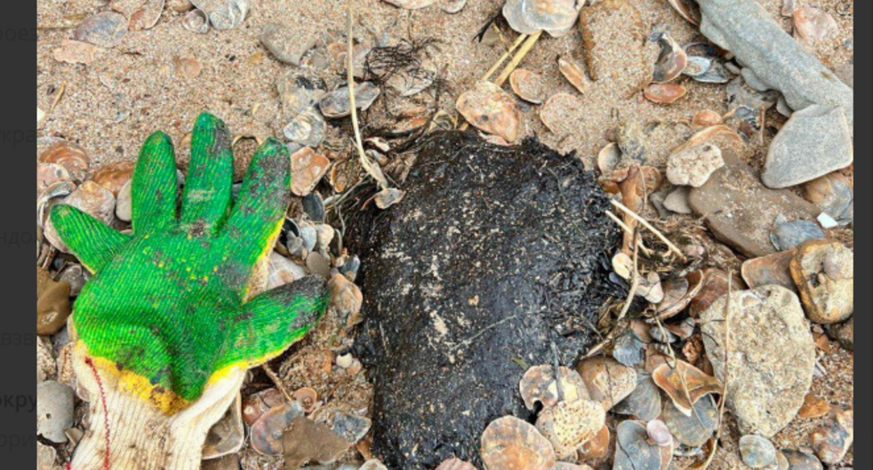 Комки мазута в районе Тузлы. Скриншот фото из Telegram-канала штаба "Дельфины" от 07.01.26, https://t.me/shtab_delfin/1703.