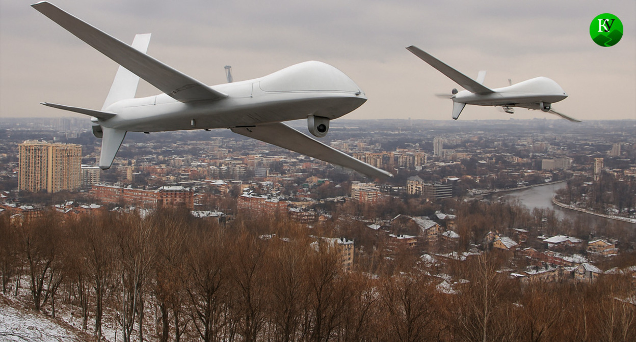 Беспилотники над городом. Иллюстрация создана «Кавказским узлом» с помощью ИИ в программе Copilot