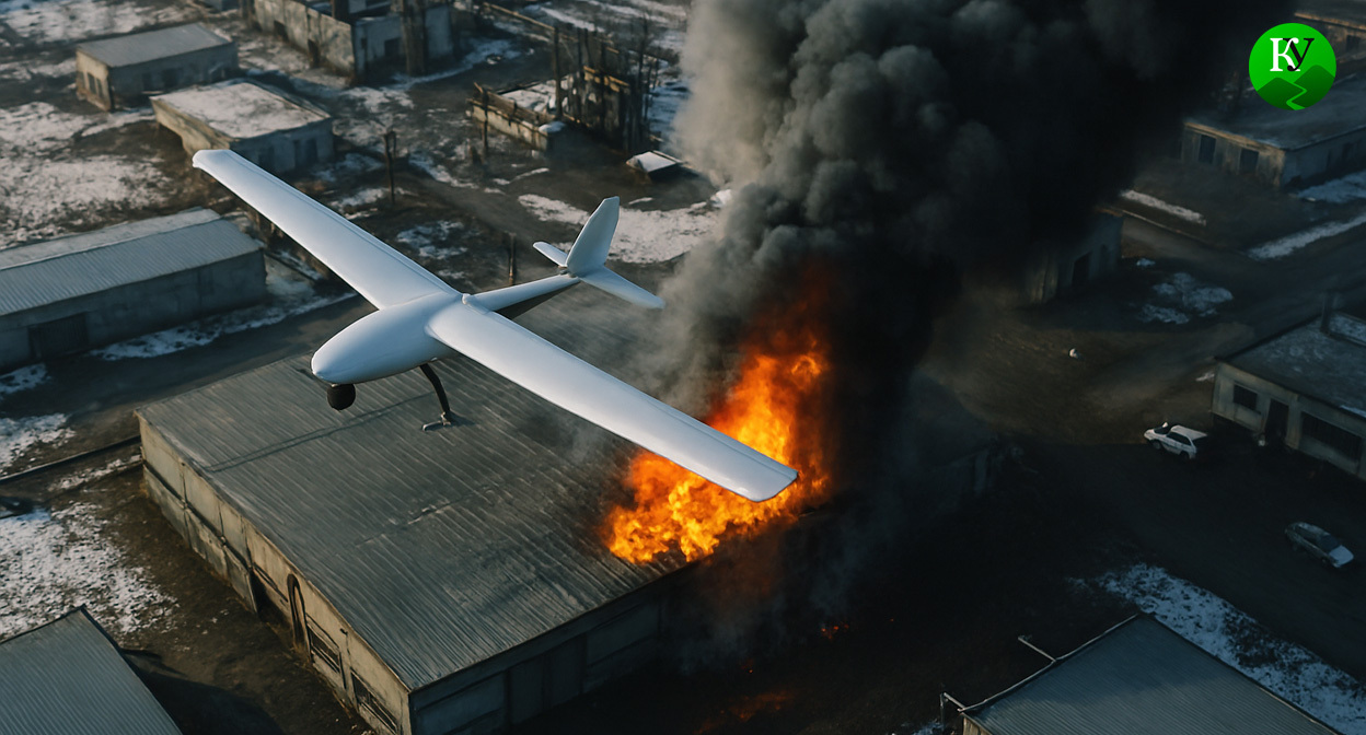 БПЛА над территорией предприятия. Иллюстрация создана «Кавказским узлом» с помощью ИИ в программе Copilot