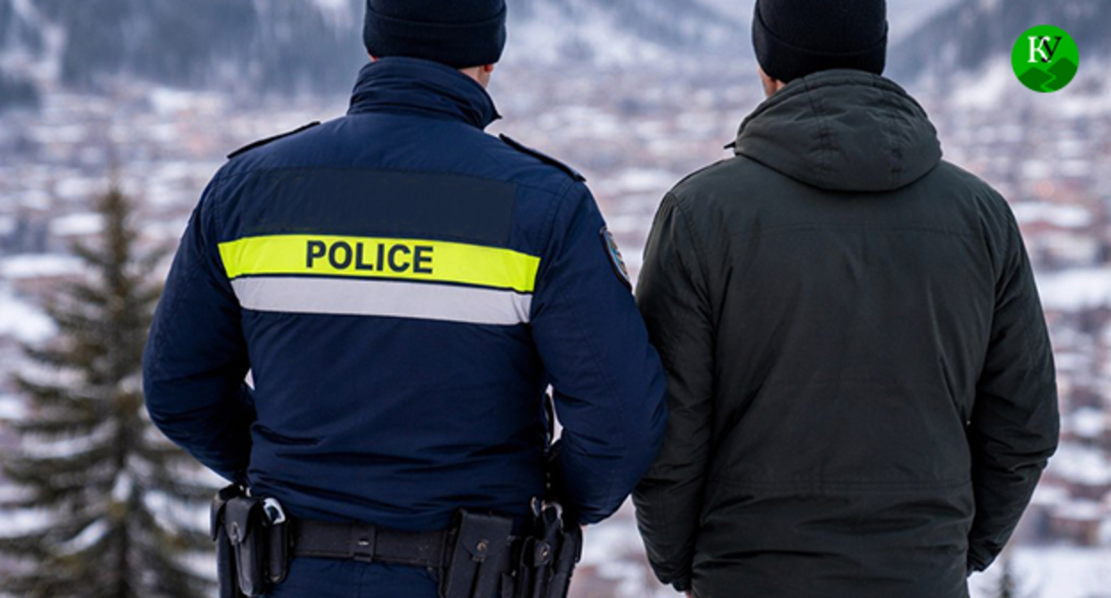 Сотрудник полиции стоит рядом с мужчиной. Иллюстрация создана "Кавказским узлом" при помощи ИИ в программе Copilot