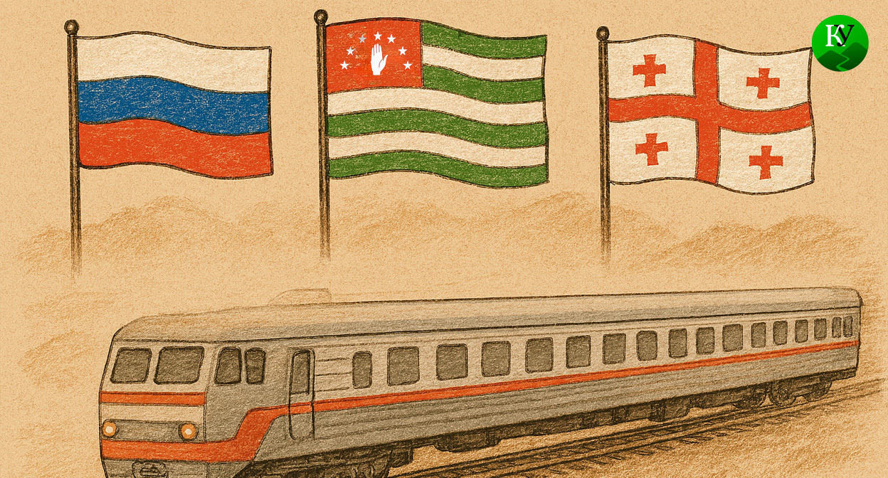 Поезд между Россией и Грузией. Иллюстрация создана «Кавказским узлом» с помощью ИИ в программе Copilot