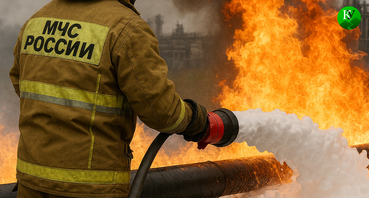 Пожарный тушит огонь на нефтепроводе. Иллюстрация создана «Кавказским узлом» с помощью ИИ в программе Copilot