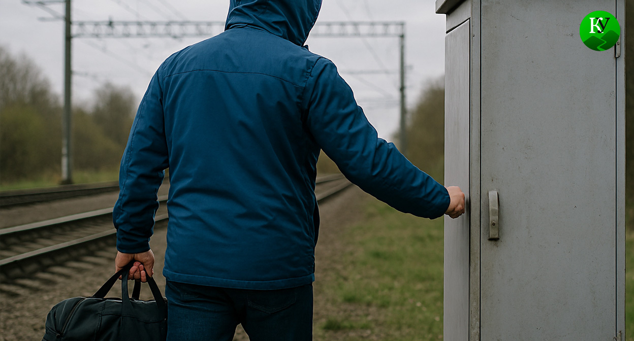 Студент у батарейного шкафа на железной дороге. Иллюстрация создана «Кавказским узлом» с помощью ИИ в программе Copilot