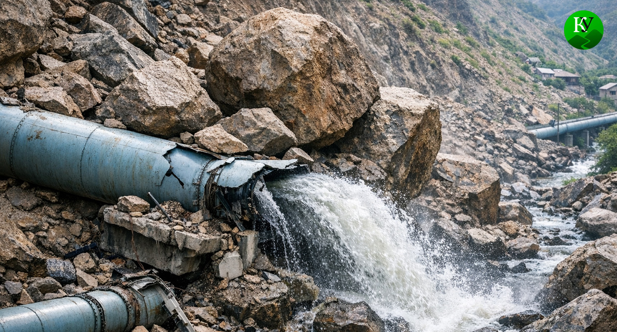 Камнепад повредил водопровод. Иллюстрация создана «Кавказским узлом» с помощью ИИ в программе Copilot