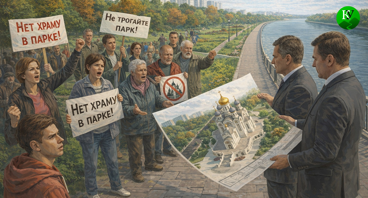 Протест против строительства храма. Иллюстрация создана «Кавказским узлом» с помощью ИИ в программе Copilot