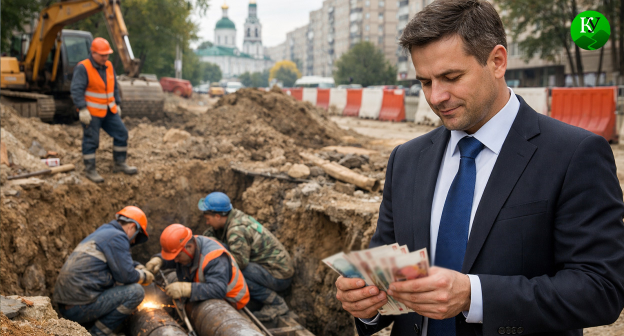Чиновник и рабочие. Иллюстрация создана «Кавказским узлом» с помощью ИИ в программе Copilot