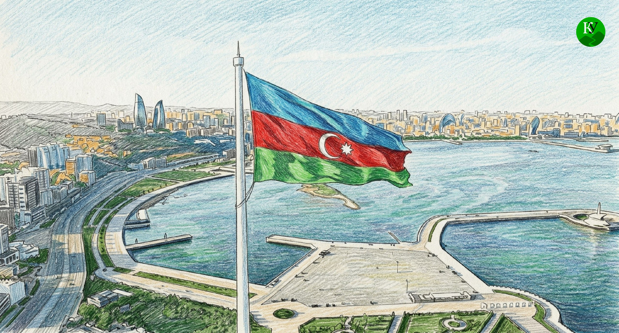 Флаг Азербайджана на фоне Баку. Иллюстрация создана "Кавказским узлом" при помощи ИИ в программе Copilot Флаг Азербайджана на фоне Баку. Иллюстрация создана "Кавказским узлом" при помощи ИИ в программе Copilot