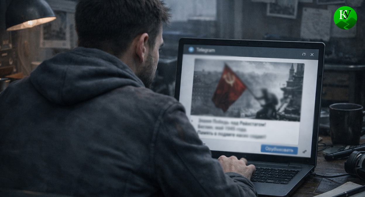 Мужчина публикует пост. Иллюстрация создана «Кавказским узлом» с помощью ИИ в программе Copilot