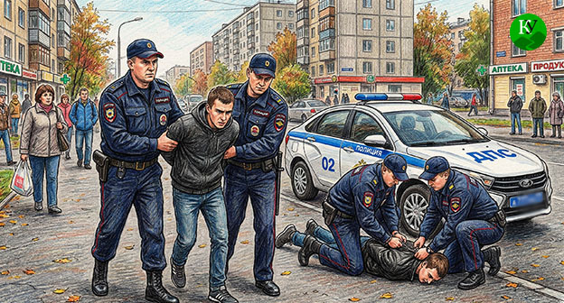 Cотрудники полиции задерживают мужчин. Иллюстрация создана "Кавказским узлом" при помощи ИИ в программе Copilot
