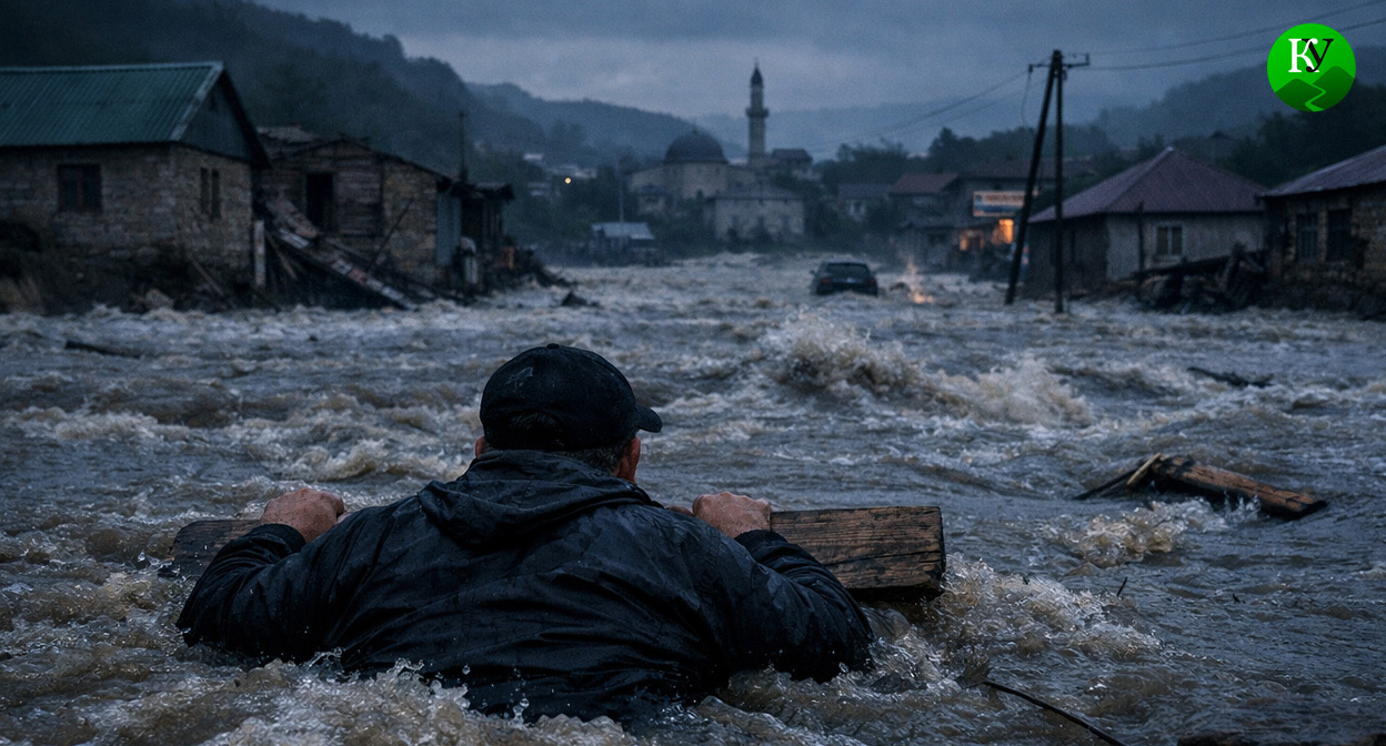 Мужчина во время потопа. Иллюстрация создана «Кавказским узлом» с помощью ИИ в программе Copilot