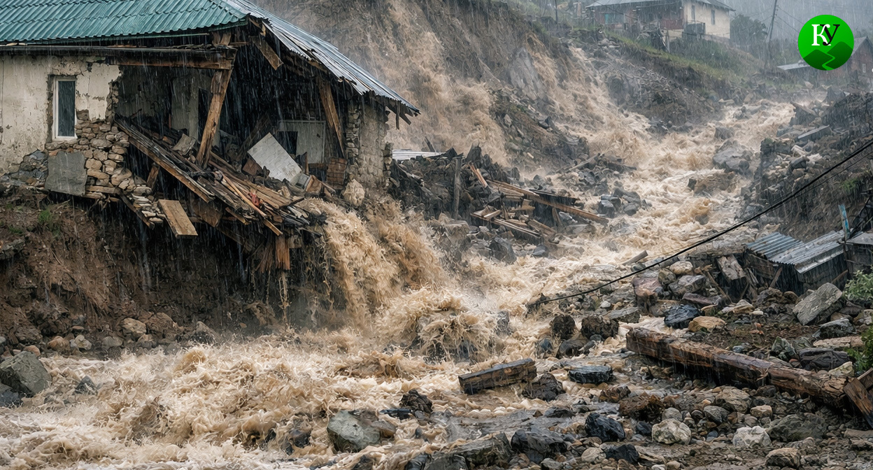 Наводнение разрушило дом. Иллюстрация создана «Кавказским узлом» с помощью ИИ в программе Copilot