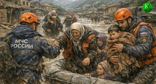 Спасатели во время наводнения. Иллюстрация создана «Кавказским узлом» с помощью ИИ в программе Copilot