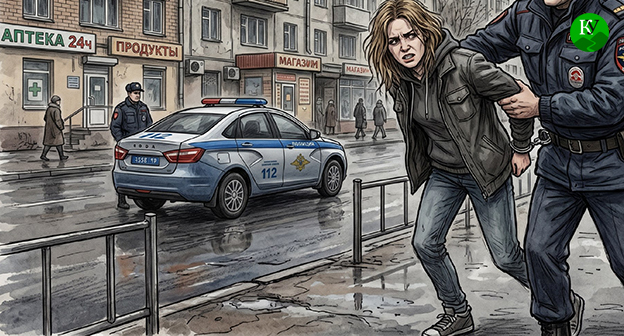 Сотрудник полиции задерживает женщину. Иллюстрация создана "Кавказским узлом" при помощи ИИ в программе Copilot Сотрудник полиции задерживает женщину. Иллюстрация создана "Кавказским узлом" при помощи ИИ в программе Copilot