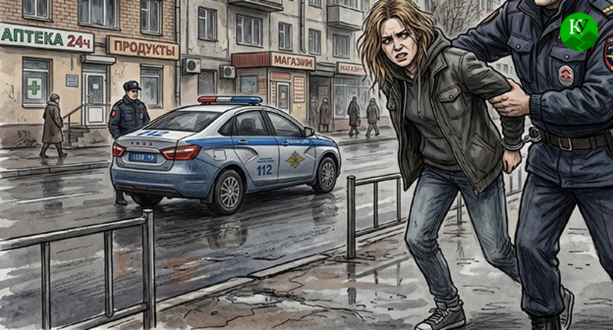 Сотрудник полиции задерживает женщину. Иллюстрация создана "Кавказским узлом" при помощи ИИ в программе Copilot