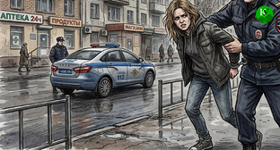 Сотрудник полиции задерживает женщину. Иллюстрация создана "Кавказским узлом" при помощи ИИ в программе Copilot